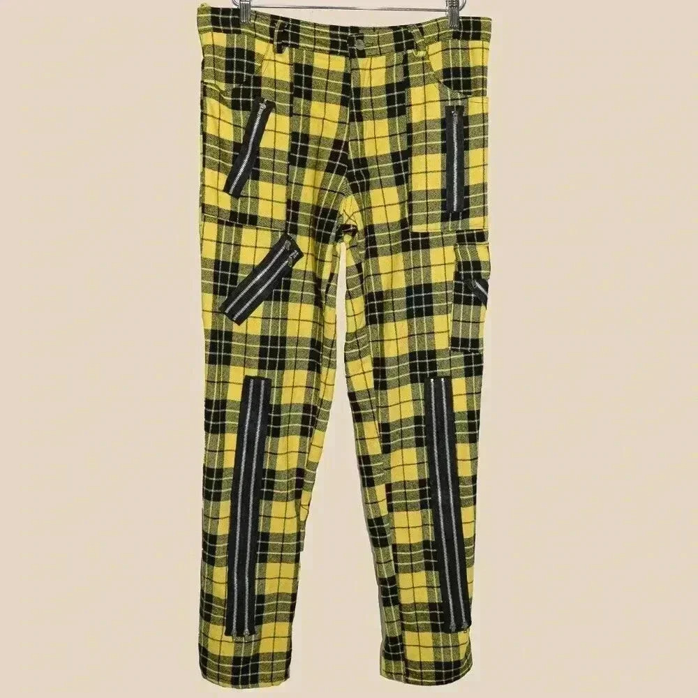 Vintage Mens Yellow Black Plaid Mid Rise‎ Fall Winter Punk Pants Size 36W 32L